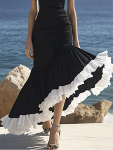 Vestido maxi de mujer con dobladillo Acampanado y volantes sin mangas de algodón blanco y negro de nuevo diseño elegante - Product Image 3