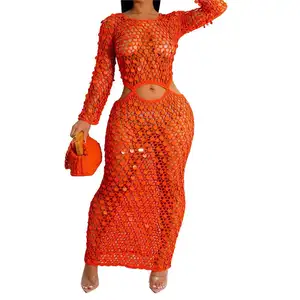 ladies resort wear hand-knitted casual cutout see through sequin sexy fitted summer dress for women beach