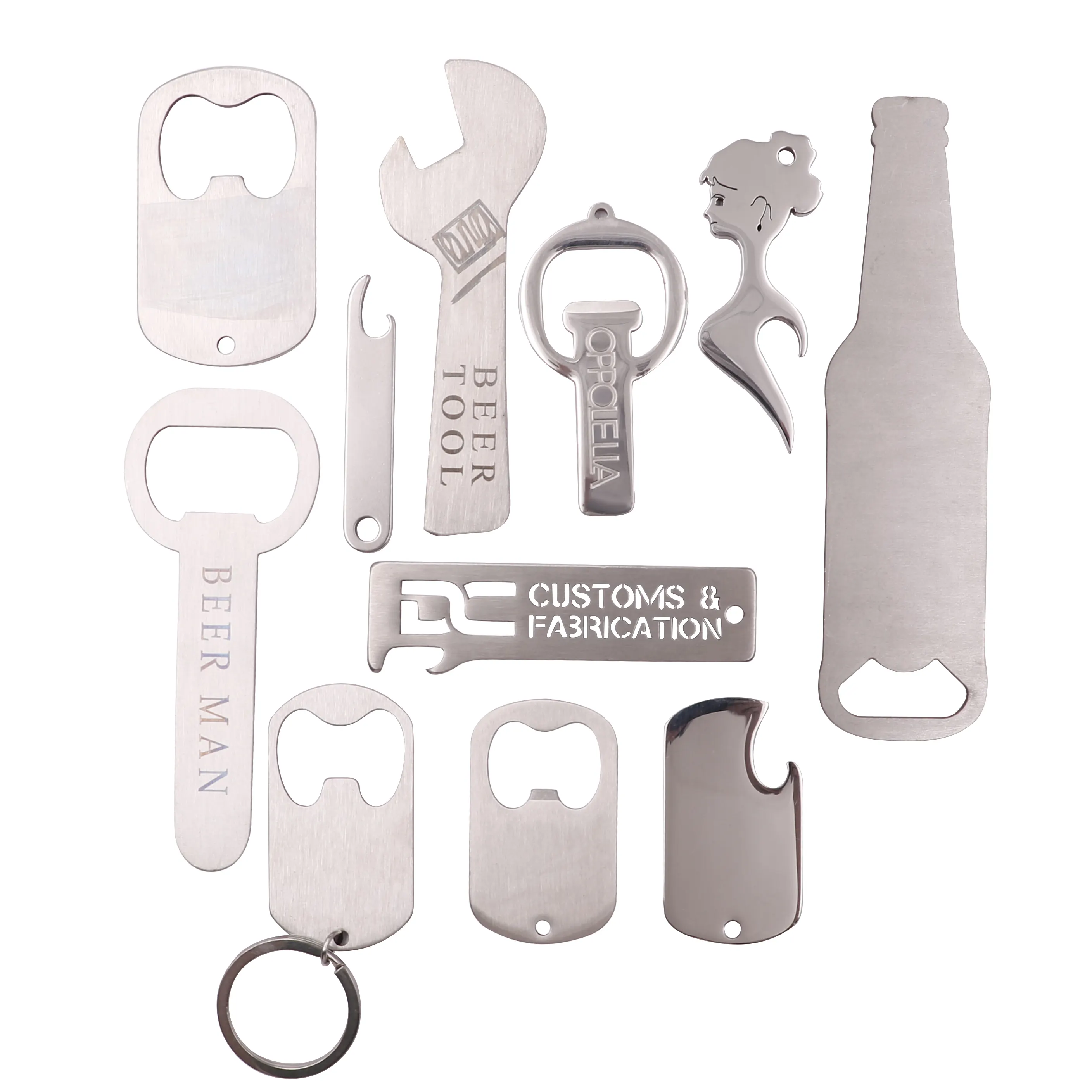 Abrebotellas con forma de logotipo personalizado al por mayor, Abrebotellas con llavero personalizado para cerveza de metal y aluminio
