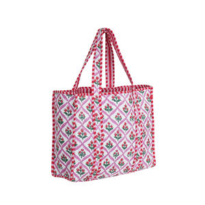Bohemian <b>Quilted</b> Design Cotton Tote Bag with Embroidery Open Top Eco-Friendly Handmade-All Seasons for Red White - Product Image 3