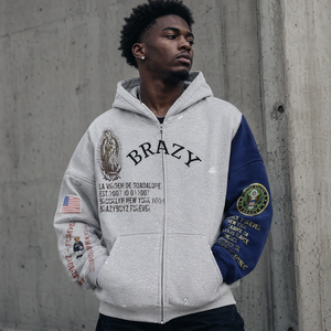 Sweat-shirt surdimensionné épais à capuche avec logo personnalisé OEM, manches contrastantes, empiècements aux coudes, impression graphique et fermeture éclair intégrale pour marque - Product Image 3