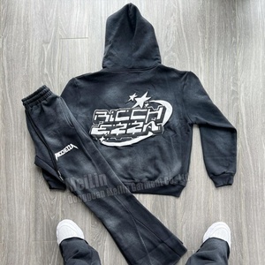 Survêtement unisexe personnalisé avec logo, ensemble jogging vintage à capuche zippé, effet délavé - Product Image 2