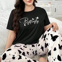 Piyama Wanita Ukuran Besar Kerah Bulat Lengan Pendek Celana Panjang Baju Tidur Bermotif Set Piyama 2 Potong Lembut dan Longgar
