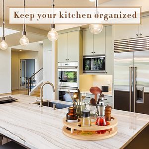 Wooden <b>Rotating</b> <b>Spice</b> <b>Rack</b> 2 Tier Lazy Susan Turntable Kitchen Storage Organizer For Herbs <b>Spices</b> Coffee Syrup Desktop Use - Product Image 2