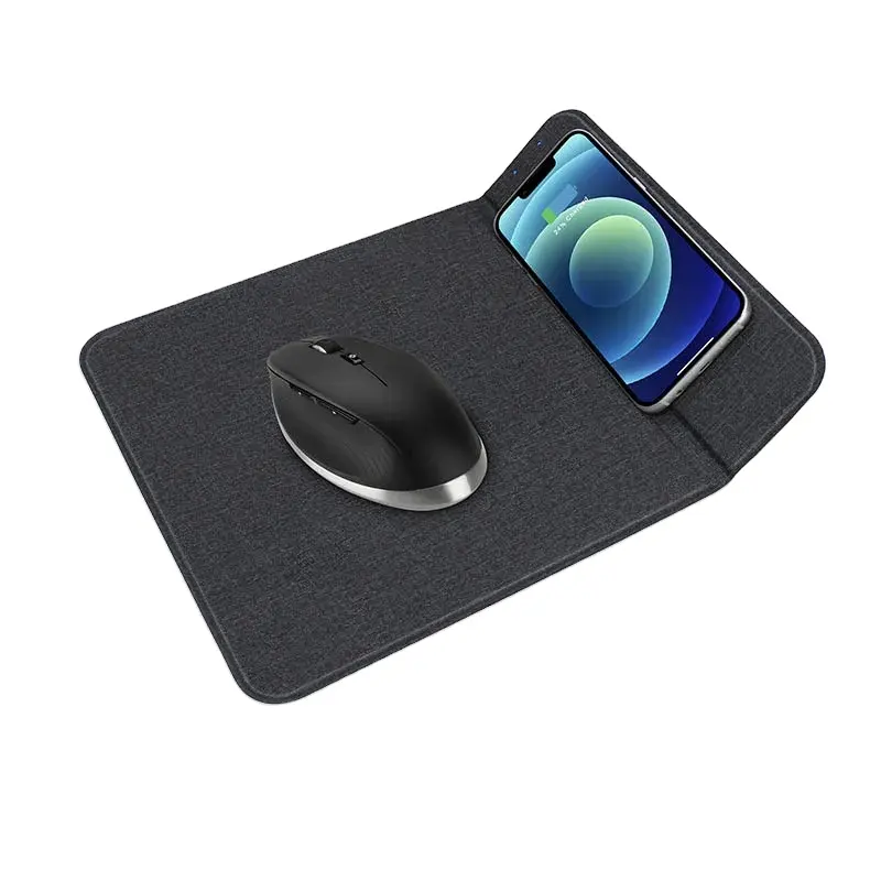 3 in 1 15W Wireless di ricarica Mouse Pad in pelle grigio scuro superficie per il supporto del telefono tappetino per Mouse logo su misura di fabbricazione