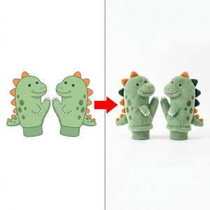 Mitaines d'hiver personnalisées en peluche dinosaure à taches, poignets côtelés doux, fabriquées sur mesure à partir de dessins de personnages de dessins animés pour enfants - Product Image 1
