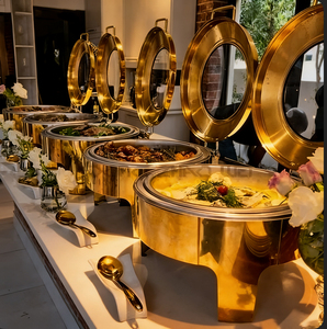 Recipiente para calentar comida tipo buffet, redondo, de acero inoxidable chapado en oro, con tapa transparente, para bodas, catering y fiestas. - Product Image 6