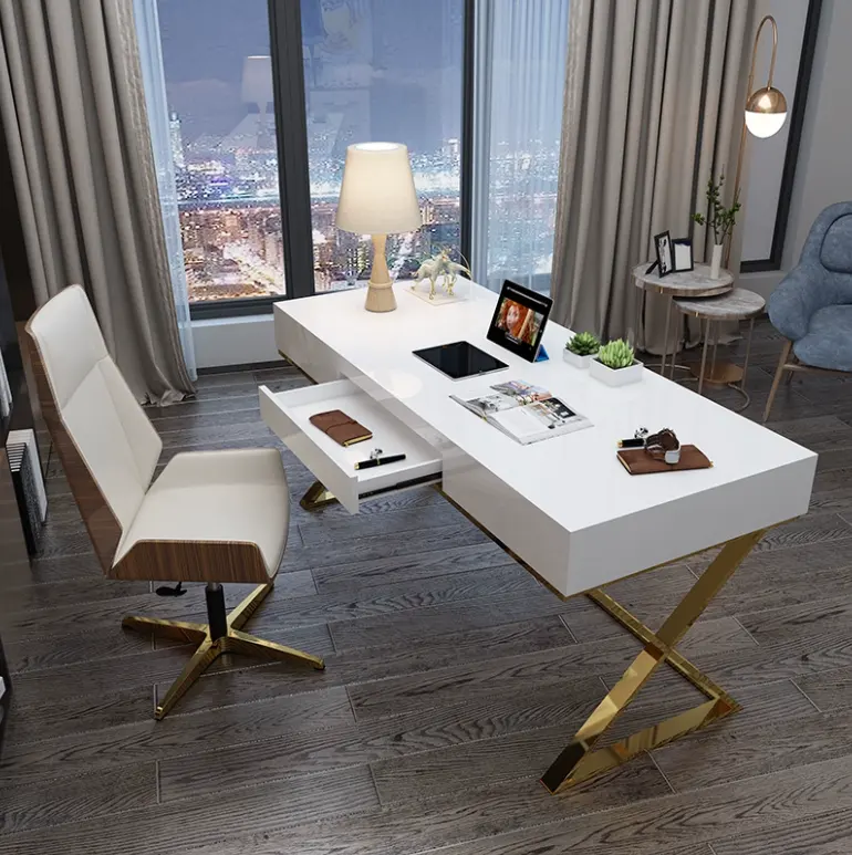 Mobiliário de escritório de luxo mesa de trabalho com gavetas e quadro de aço inoxidável dourado tabela de trabalho do computador