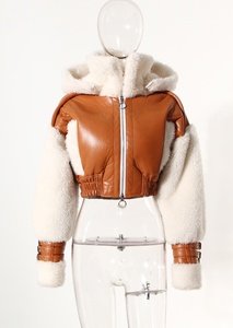 Giacca da donna di moda invernale con colori a contrasto felpa con cappuccio giacca di lana giacca di pelle di pelliccia da motociclista - Product Image 3