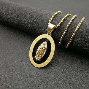Collier pendentif ovale en acier inoxydable Yunnique, chaîne dorée 3 mm 60 cm, serti clos, icône religieuse, bijoux de mode - Product Image 4