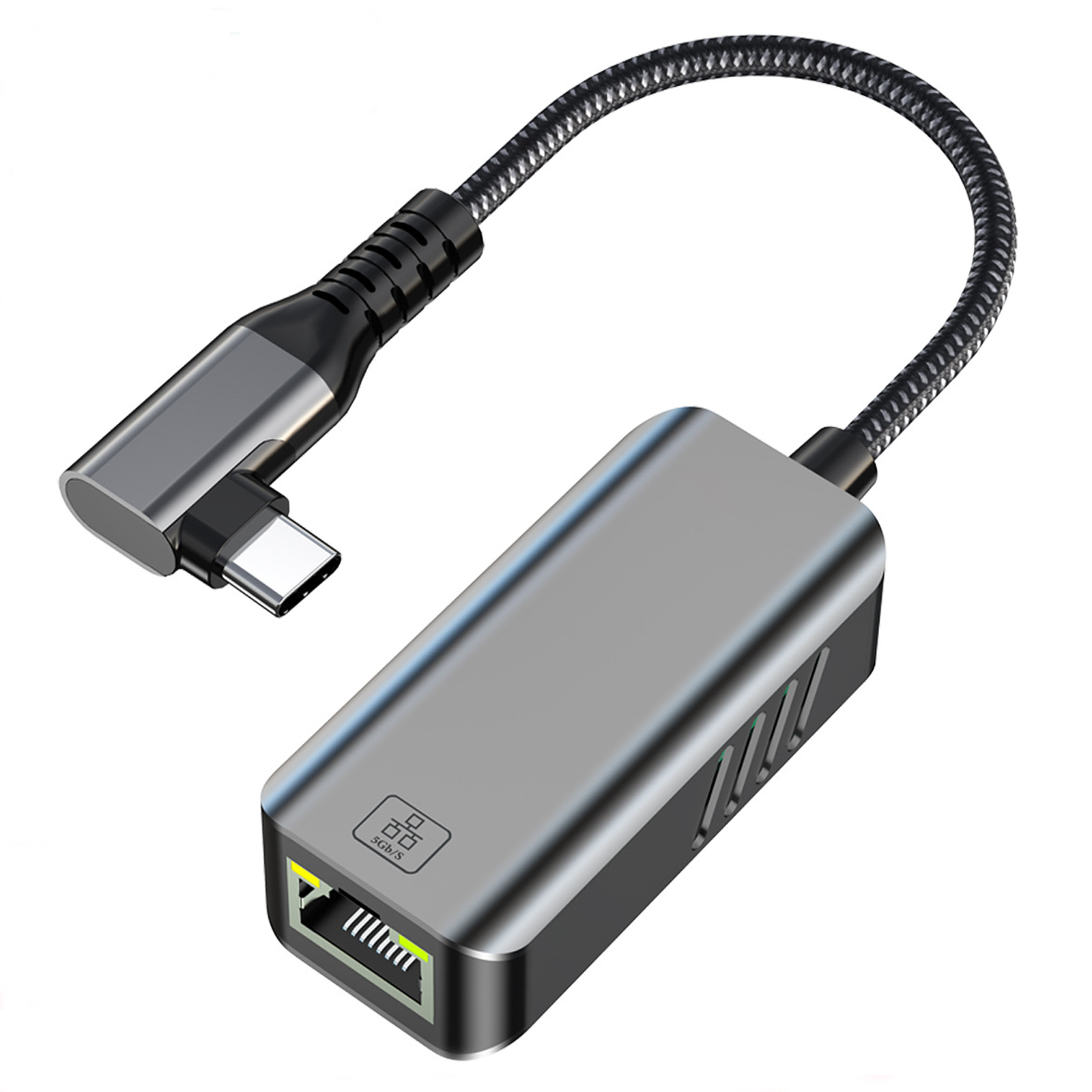 Tarjeta de red 5G con conector Tipo C acodado, color gris.