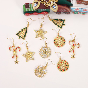 Boucles d'oreilles pendantes de Noël pour <span class=keywords><strong>femme</strong></span>, plaqué or, avec diamants, motifs couronne, étoiles, sapin de Noël, flocon de neige, canne, vert, rouge, pailletées - Product Image 2