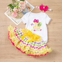 Tenue de Pâques pour bébé fille, broderie de dessins animés, œufs de Pâques, barboteuse à manches courtes, jupe, bandeau, costume de fête