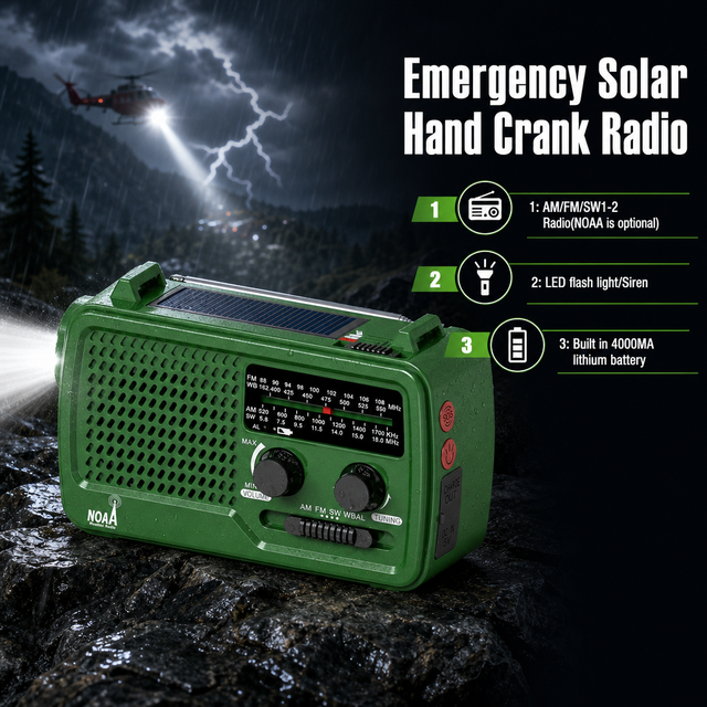 Private Mold OEM Custom 4000mAh Solar Hand Crank Flashlight SOS Siren USB Power Bank AM FM NOAA Camping Survival Emergency Radio