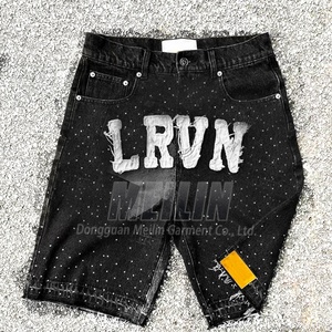 Custom Streetwear Distressed Embroidery <b>Patch</b> Rhinestone Denim <b>Shorts</b> Heavyweight High Quality Rhinestone Jean <b>Shorts</b> <b>Men</b> - Product Image 1