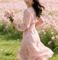 Robe longue à fleurs pour femmes, manches longues, col en V, volants en mousseline, style bohème, pour les vacances, printemps-été, fabricant OEM