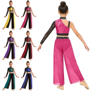 ชุดเต้นรำสำหรับเด็กผู้หญิงอายุ 6-16 ปี เสื้อครอปท็อปพร้อมกางเกงชีฟองพลิ้วไหว สำหรับการแสดงเต้นรำ การแข่งขัน การแสดงบนเวที และงานปาร์ตี้ - Product Image 1