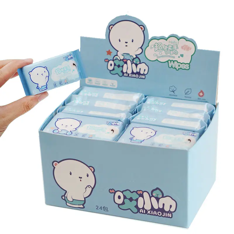 ミニウェットワイプ赤ちゃんと家庭で使用するための自然なソフトでカスタムのクリーニング香りのフレグランス不織布ウェットティッシュボックスに詰められています