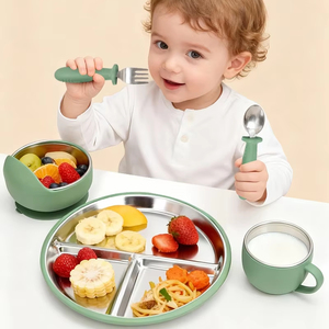 Ensemble de vaisselle durable pour tout-petits, assiette en acier inoxydable avec ustensiles en silicone, bol d'alimentation pour bébé et couverts sûrs - Product Image 2