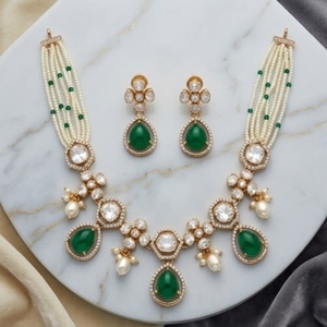 Elegant Green Stone 925 Silver Pearl <b>Necklace</b> Set Rose Gold Bridal Jewelry with Earrings for Diamond Accents for Women Jewelry - Product Image 1