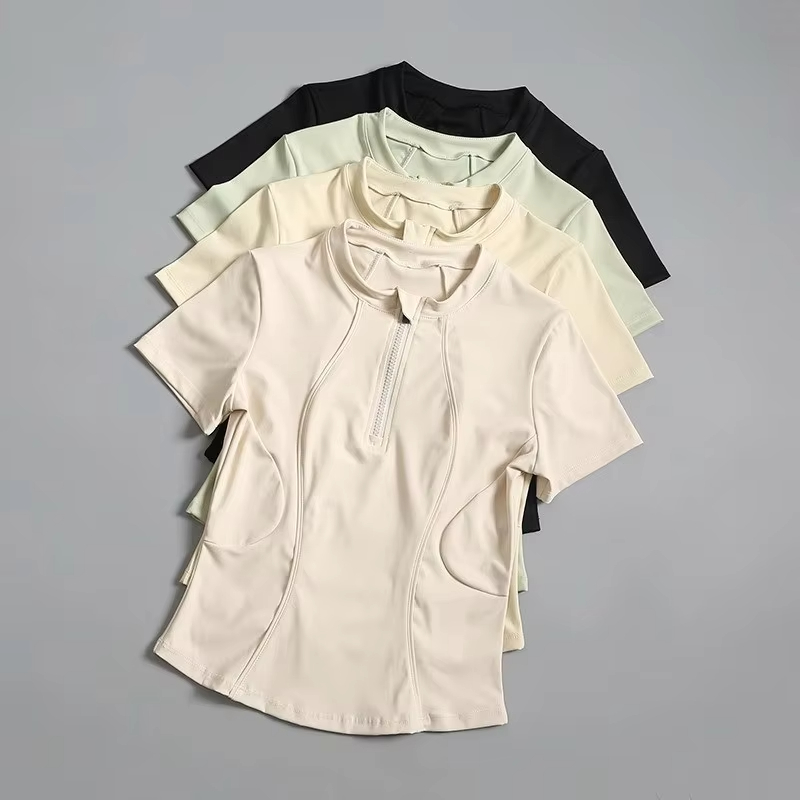 Women's Casual Short Sleeve Yoga Top Slim-Fit Half-Zip Quick-Dry T-Shirt for Summer Running Breathable Logo Solid Eco-Friendly