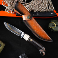 Couteau fixe en acier Damas GT-F0102 avec manche en ébène et décoration tête d'aigle, couteau droit d'extérieur