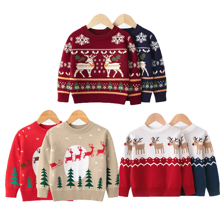 RTS 키즈 크리스마스 풀오버 스웨터 엘크 유니섹스 캐주얼 니트 스웨터 어린이 순록 탑스 배송 준비