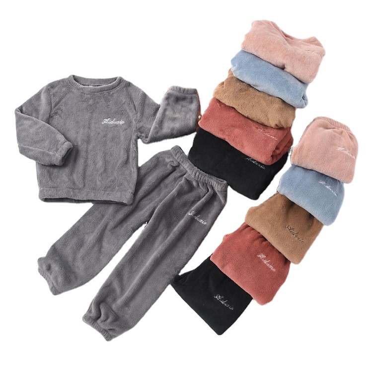 New Autumn And Winter Coral Velvet Warm Add Fleece Kids Boy Girl Children's Cotton Pajamas Suit