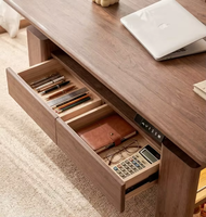 Table basse électrique relevable VOXHOME en noyer moderne avec tiroirs de rangement et armoire LED pour le travail, la lecture et le salon