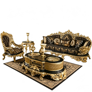 Divano Componibile in <span class=keywords><strong>Legno</strong></span> <span class=keywords><strong>Massello</strong></span> Intagliato di Lusso Europeo, Set di Divani in Stile Palazzo con Tessuto Dorato per <span class=keywords><strong>Soggiorno</strong></span>, Arredamento per Ville Francesi - Product Image 2