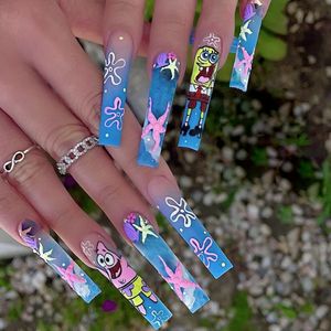 24 Uñas Postizas de Bob Esponja, Diseño Largo en Forma de Ataúd, Color Azul Degradado, con Diseño de Patricio Estrella y Estrellas de Mar, Suministros para Uñas - Product Image 1