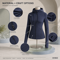 Veste de yoga pour femme à fermeture éclair intégrale, à capuche, avec trous pour les pouces, coupe ajustée, haut d'entraînement, fabrication sur mesure, marque privée, OEM, ODM, fabricant de vêtements de sport