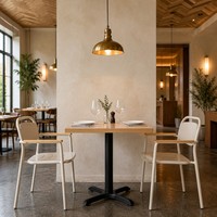 Table de bistrot carrée commerciale USA Formica, plateau HPL bicolore finition bois flotté avec base en piédestal noir, facile à nettoyer pour restaurant