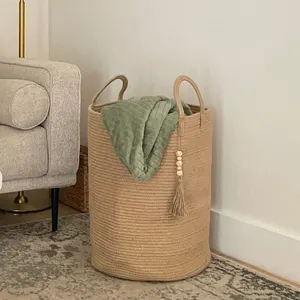 Foldable New Style Large Cotton Rope Woven Laundry Storage Basket With Long Handles