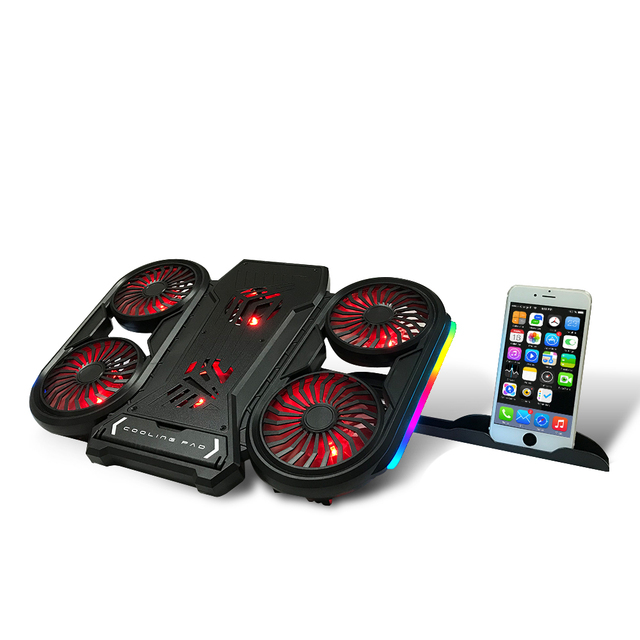 NUOXI 6-Fans RGB Gaming Laptop Cooling Pad & Phone Holder Aluminum Alloy 17inch Notebook Cooler 2 USB Ports Speed Controller