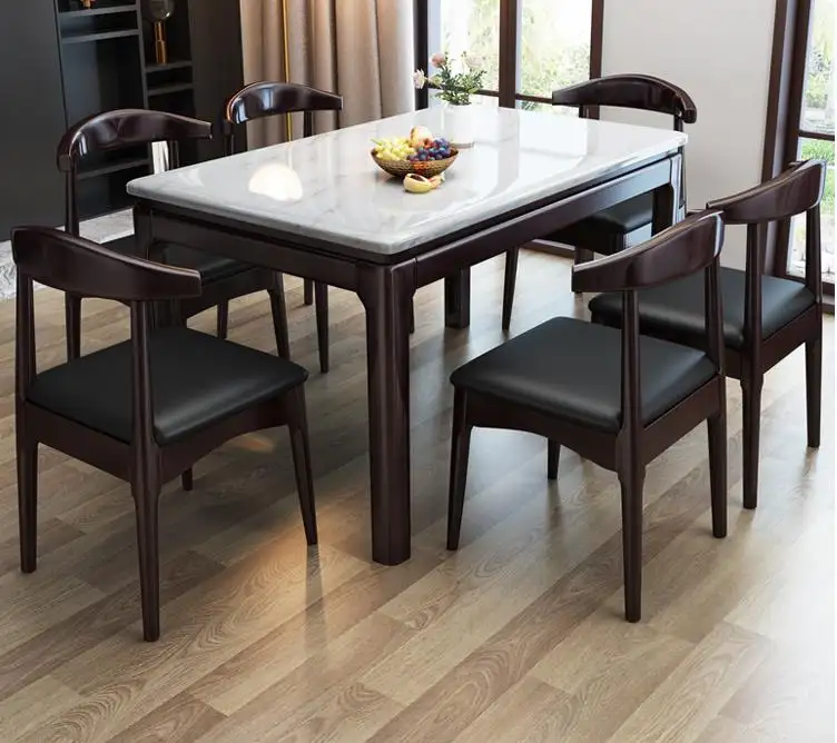 Table et chaises en bois de style italien, design de luxe, meuble de salle à manger en marbre, design moderne, 6 places