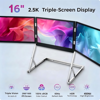 Moniteur portable triple écran 16 pouces, écran ultra-fin 2,5K, support pliable, moniteur de jeu pour ordinateur portable, un seul câble Type C pour la connexion