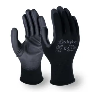 SKYEE-guantes de trabajo recubiertos de pu, guantes de poliéster con estampado de pantalla de seda, color negro