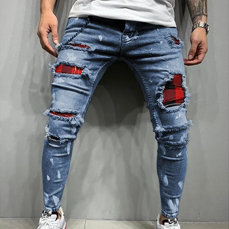 New Custom Men's Skinny Slim Fit Blue Hip Hop Denim Trouser Washed Distressed Fashion Style Ripped Pencil Jean Pants Men's Jeans
