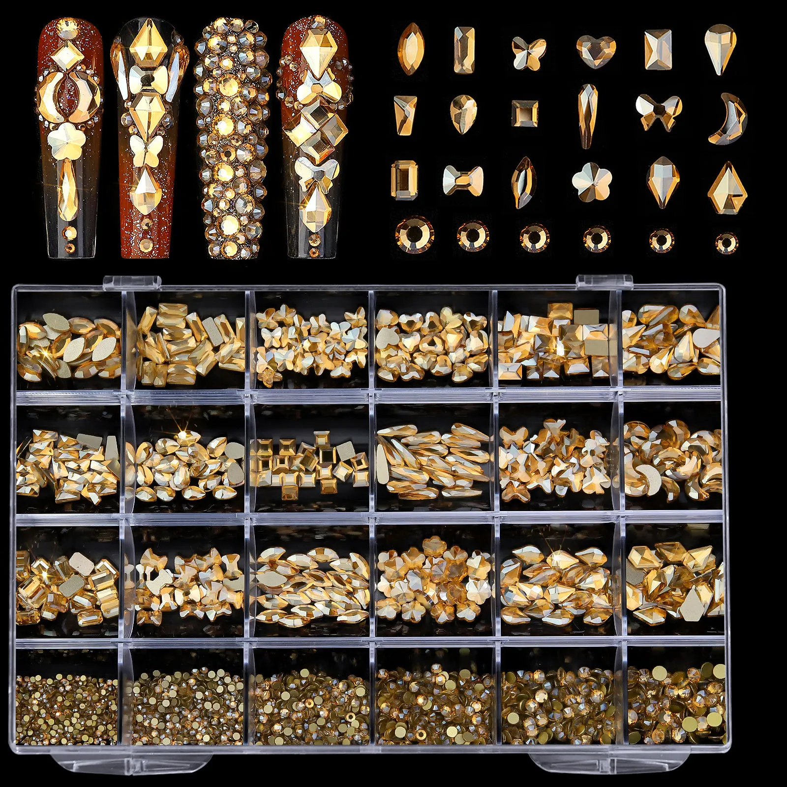 Wholesale Mixed Shape 3D Glass Nail Crystal Kit 24 Grid Gold Nails Diamond Rhinestones Set Box For Nails