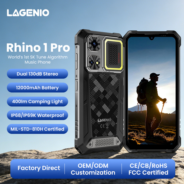 CE RoHS Certified LTE Water Resistant Shockproof SOS Rugged Phone Rhino1 Pro 6.9" 120Hz Display 64MP Camera 12000mAh LAGENIO