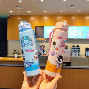 Children's Cartoon Astronaut Water Bottle Pop-Up Straw Portable Strap PC Plastic Cup For Students Gift - Product Image 2