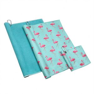 Ensemble de serviettes de golf bleues pliables en trois parties, en microfibre tricotée robuste, écologiques, à séchage rapide, motif gaufré, avec grande pince mousqueton - Product Image 2