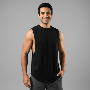 T-shirt de sport pour homme, débardeur de sport à col rond, ourlet arrondi, sans manches, débardeur de sport élastique uni, débardeurs de sport pour homme - Product Image 1