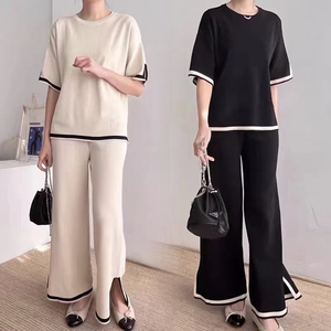 <span class=keywords><strong>Abbigliamento</strong></span> da donna in maglia a contrasto <span class=keywords><strong>stile</strong></span> <span class=keywords><strong>retrò</strong></span> e pigro da donna ampio e Versatile O collo Top a vita alta set due pezzi da donna - Product Image 1