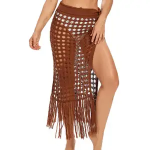 Sexy High Split Tasseled Pure Color Maxi Cover Up Mature Naked Beach Wear Skirt