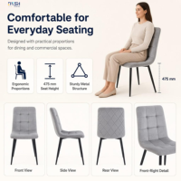 Chaise de salle à manger en velours capitonnée à dossier haut, rembourrée, grise, avec pieds en métal noir, ergonomique, pour la maison, le restaurant, moderne