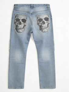 Jeans de Mezclilla Azul para Hombre con Estampado de Calavera Azul Claro y <span class=keywords><strong>Tratamiento</strong></span> Ligeramente Desgastado - Product Image 3