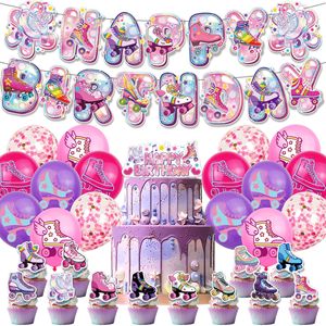 Set Decorazioni per Festa di Compleanno 'Cool Girl' Rosa con Pattini in Linea, Include Striscione '<span class=keywords><strong>HAPPY</strong></span> BIRTHDAY' e Topper per Torte e Cupcake - Product Image 1