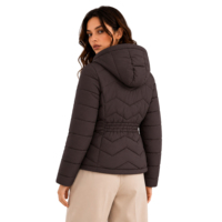 Chaqueta acolchada elástica negra con capucha para mujer, abrigo de invierno cálido con cremallera frontal y manga completa, ropa exterior personalizada